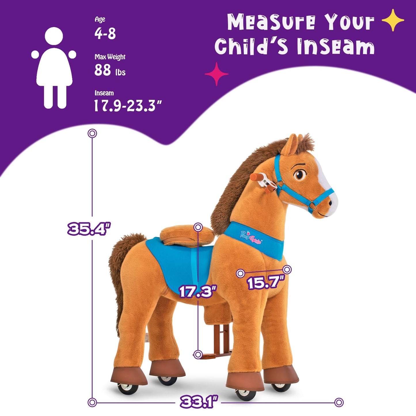 Ponycycle Ride On Horse Toys For Kids Riding Brown Horse Rocking Horse Essential Model E (With Brake/ 35.4' Height/Size 4) Ride On Giddy Up Walking Mechanical Pony Ride Plush Animal With Wheels E437