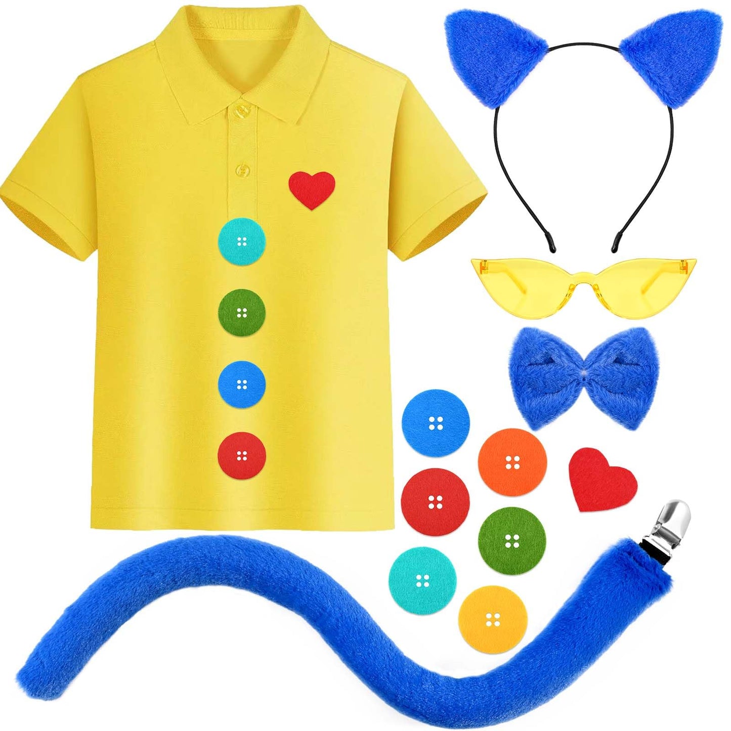 Jchrmers Blue Cat Costume Set Including Cat Ears Headband Yellow T-Shirt Glasses Cat Costume Accessories For Story Book Day Dres