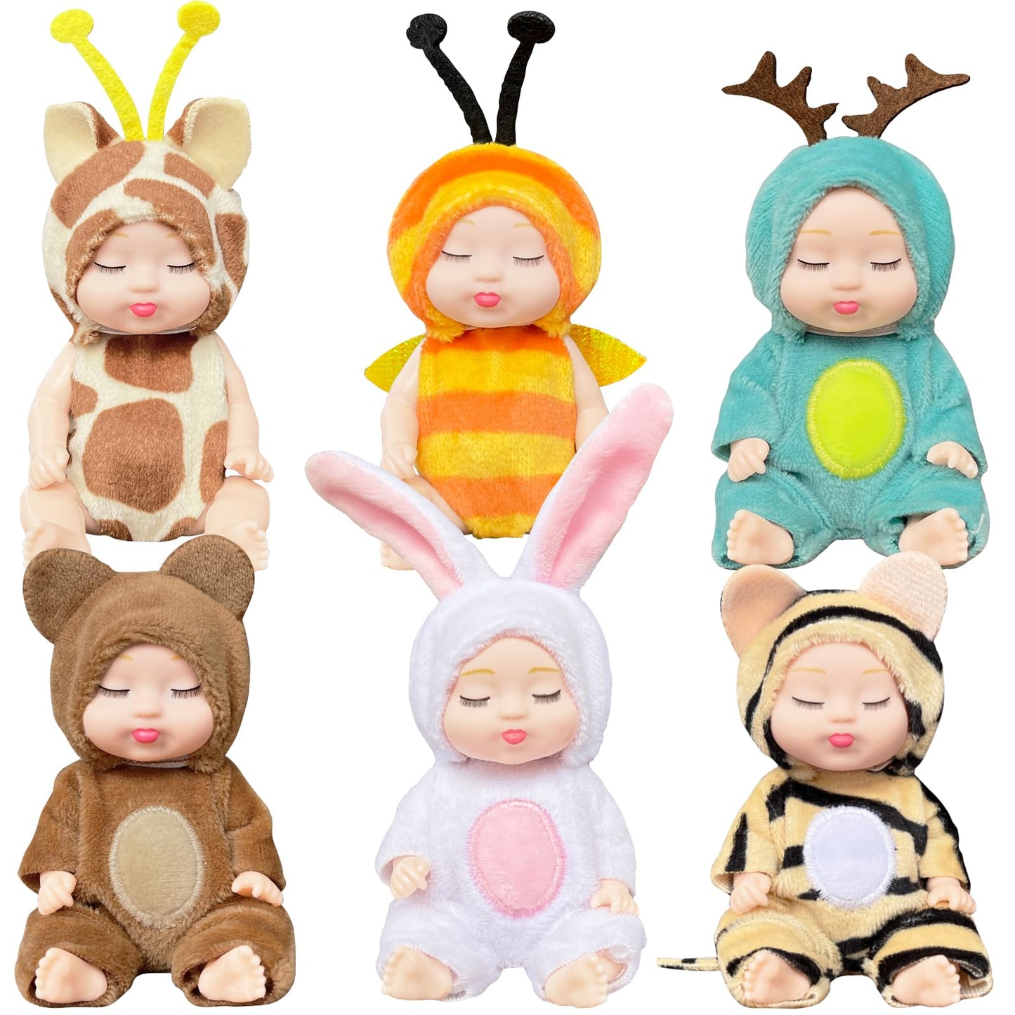 Woozettn 6 Pcs Mini Baby Dolls,4 Inch Realistic Small Baby Doll Toys With Animal Clothes,Cute Tiny Babies Gifts For Girls Kids Baby Shower Easter Basket Valentine