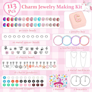 110 Charm Bracelet Making Kit, Jewelry Making Kit for Girls DIY Bead Necklace Kit with Initial Bracelet Box Unicorns Crafts Arts
