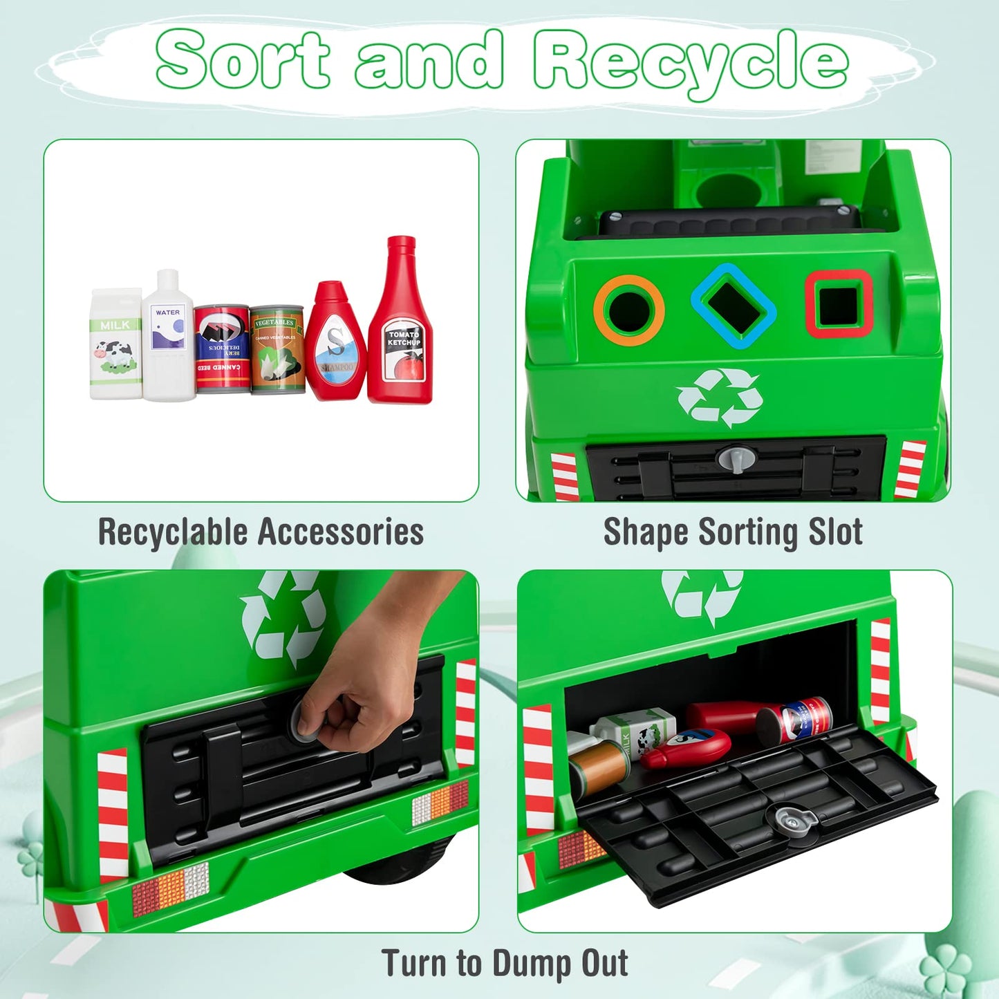 Olakids Ride On Car, Recycling Garbage Truck Electric Vehicle With Music, Horn, Warning Lights, Recycling Accessories Included, Toddlers Battery Powered Trash Toy For Boys Girls (Green)