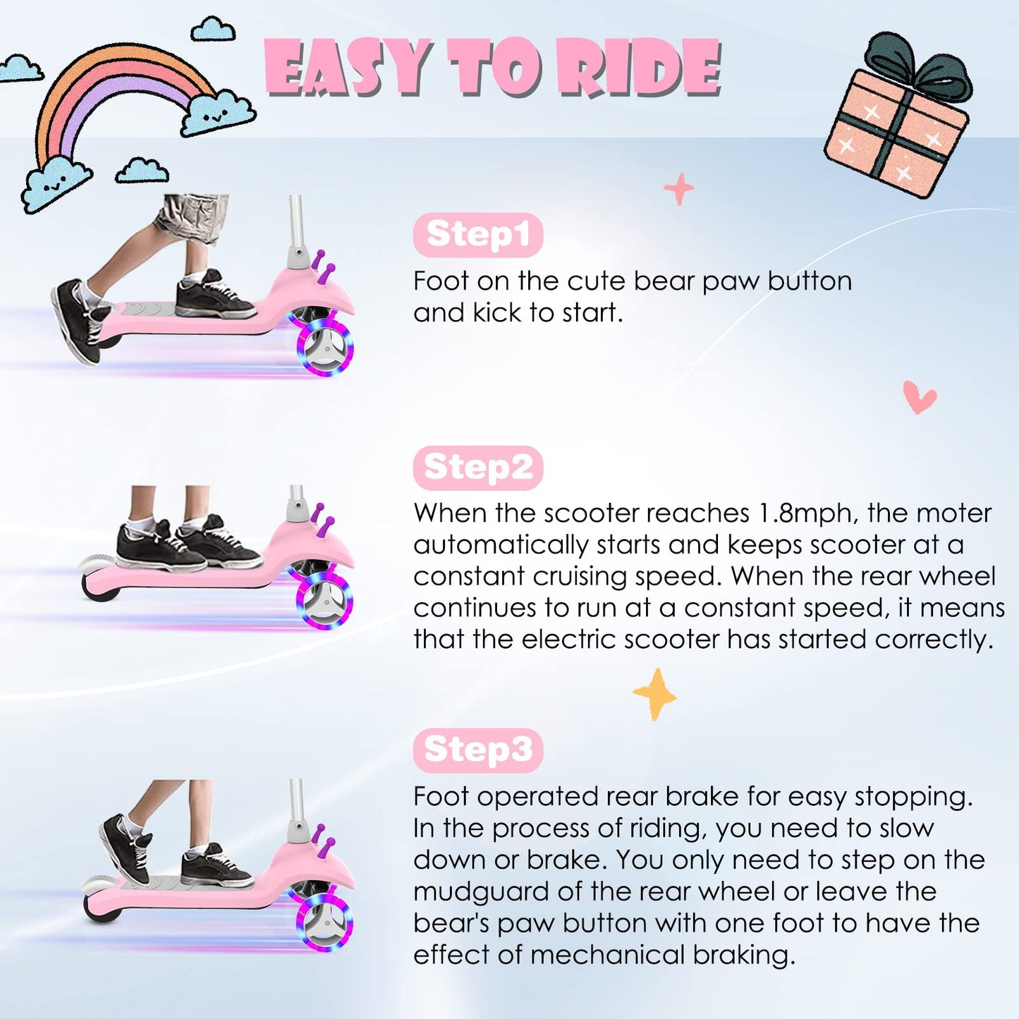 Scoothop Electric Scooter For Kids Ages 3-8, 3-Wheel Electric Scooter, Kids Electric Scooter With Led Light-Up Wheels, 3 Height