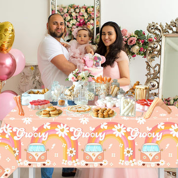 3Pcs Groovy Themed Tablecloths-Groovy Party Supplies Hippie Rainbow Rectangular Plastic Table Covers Daisy Groovy Themed For Gir