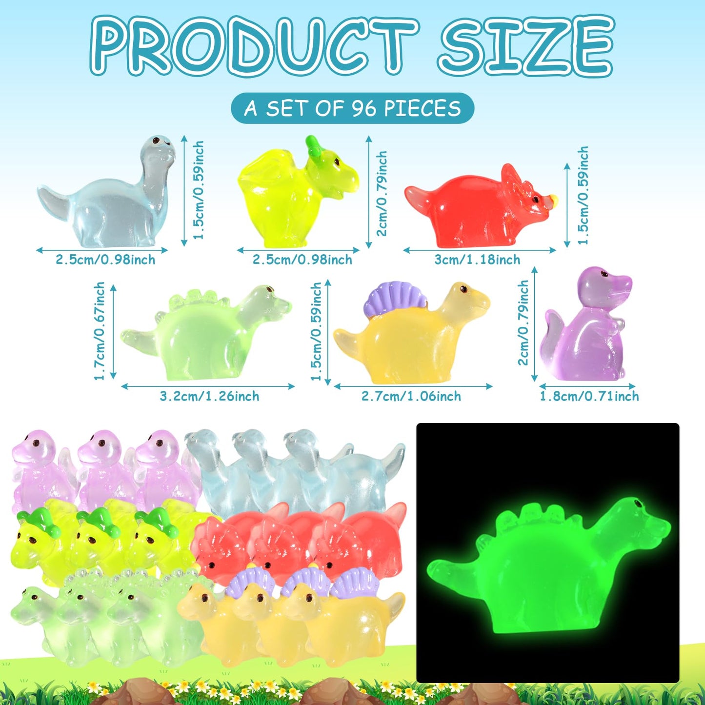 Poen 150 Pcs Mini Dinosaur Figures Resin Small Dinosaur Toys Garden Mini Dinosaurs Realistic Tiny Dinosaurs Miniature Dinosaur Figurines For Bag Cake Topper Birthday Party Favors (Luminous)