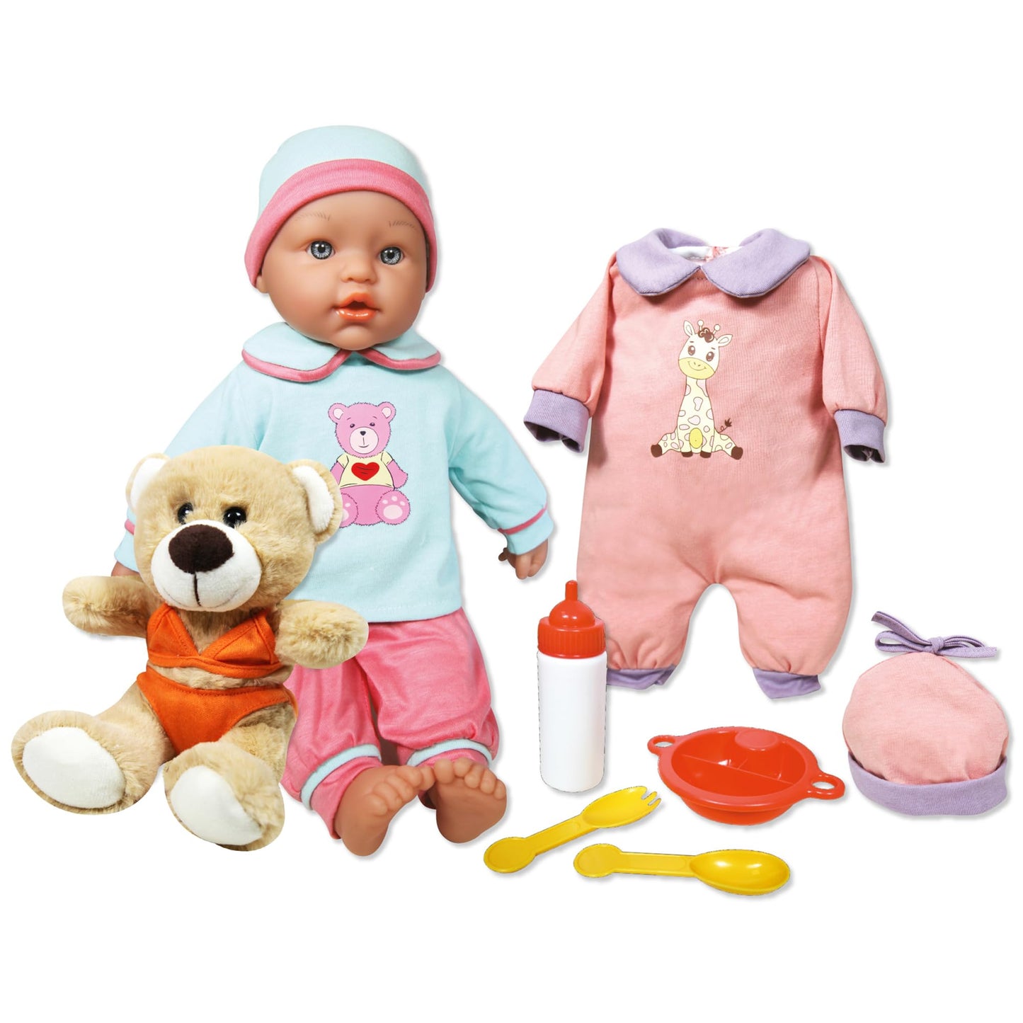 Lissi: Baby Doll Billie & Little Bear - 15'' Blue & Pink - 8 Piece Set W/Stuffed Teddy Bear, Extra Outfit, Food Accessories, Pre