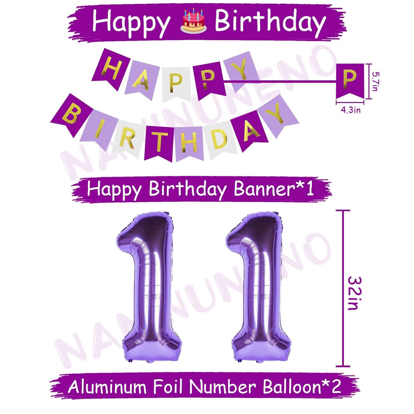 Naninuneno 11Th Birthday Decorations For Girls, Purple 11 Happy Birthday Balloons Supplies Including Purple Happy Birthday Banne