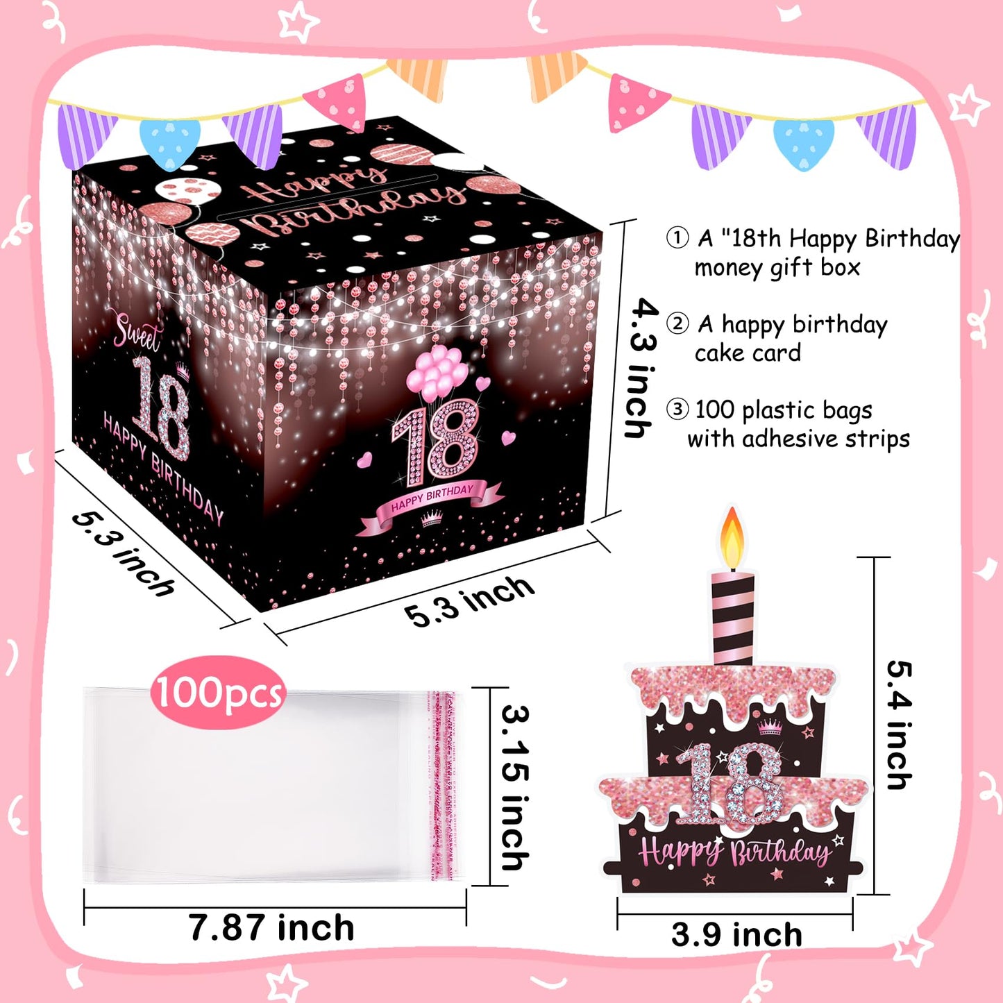 Meiidoshine Sweet 18Th Birthday Money Box For Cash Gift, Surprise Pull Out Money Gift Box With 100Pcs Transparent Bags - Fun Way