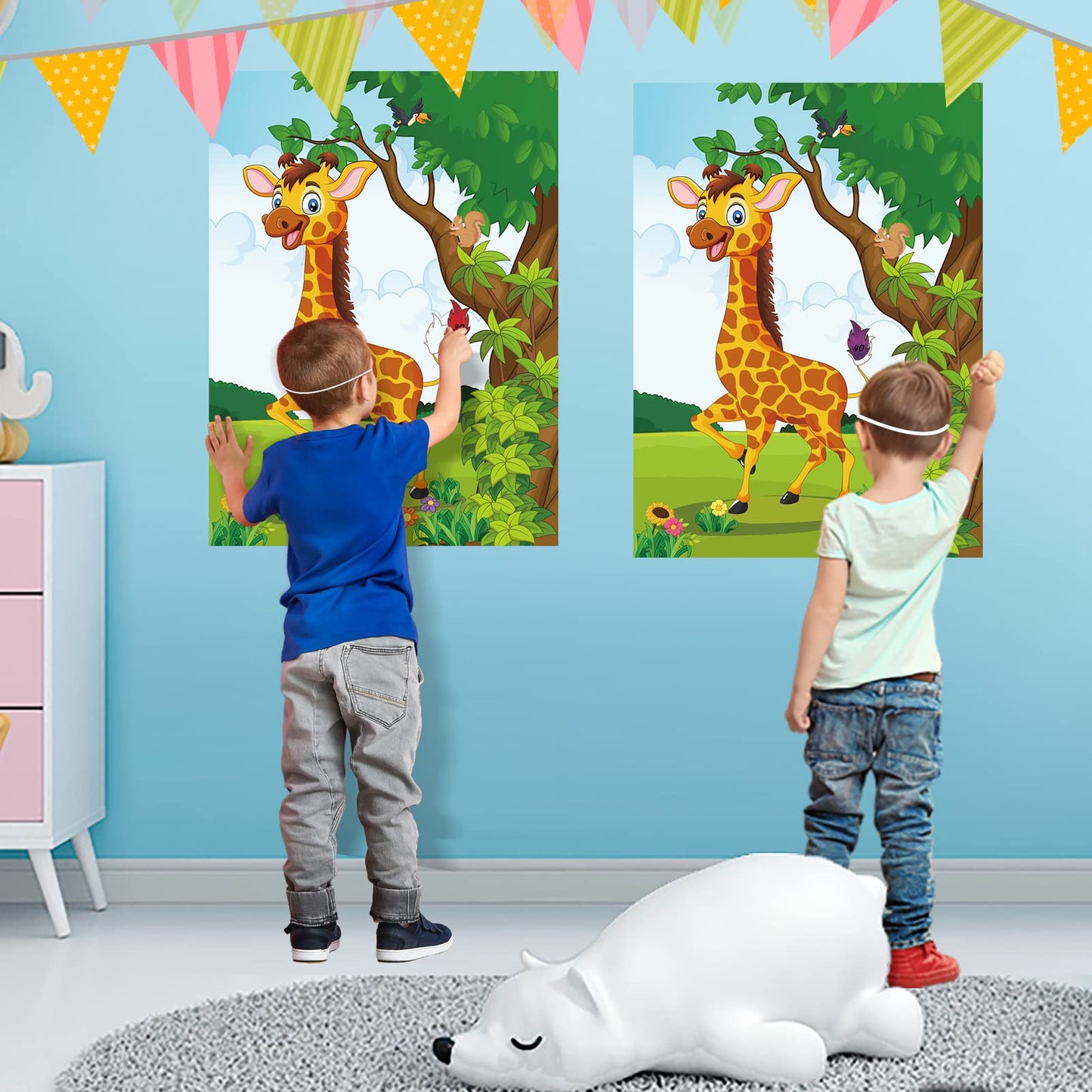 Astaron 2 Sets Pin The Tail On The Giraffe For Safari Jungle Animal Party Game Zoo-Themed Birthday Party Supplies 2 Posters 21'X 28' With 48Pcs Tail Stickers Kids Wall Home Decor