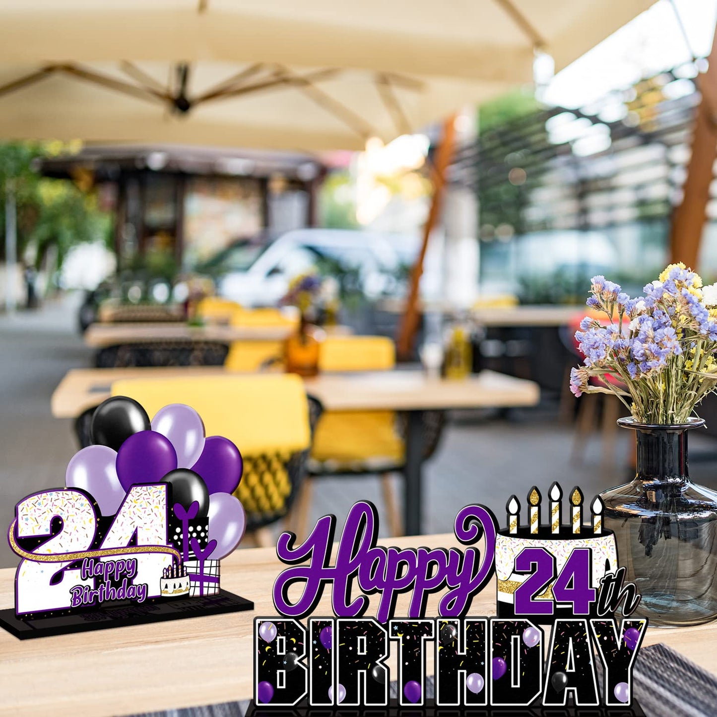 Lingteer Happy 24Th Birthday Purple Acrylic Table Topper Centerpieces Set - Cheers To 24 Years Old Birthday 24Th Bday Party Gift Decorations.