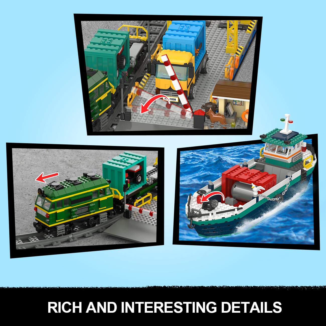 HOGOKIDS City Wharf Building Set with Crane, 1373PCS, Plastic, 25"x13"x18", Includes Ship, Train, Truck & Containers, Ages 6-14+