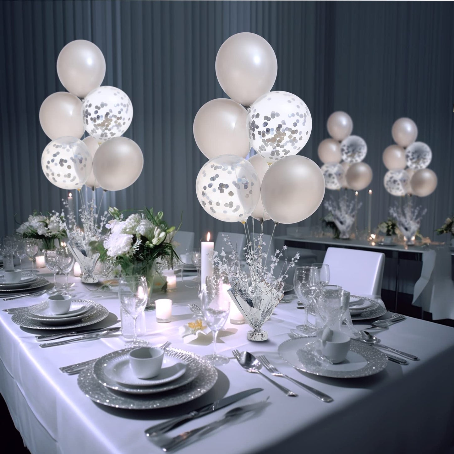 4 Set Silver Table Balloons Centerpiece Stand Kit With Silver And Confetti Balloons For Graduation Birthday Party Baby Shower Wedding Bridal Shower Prom Retirement Table Decorations