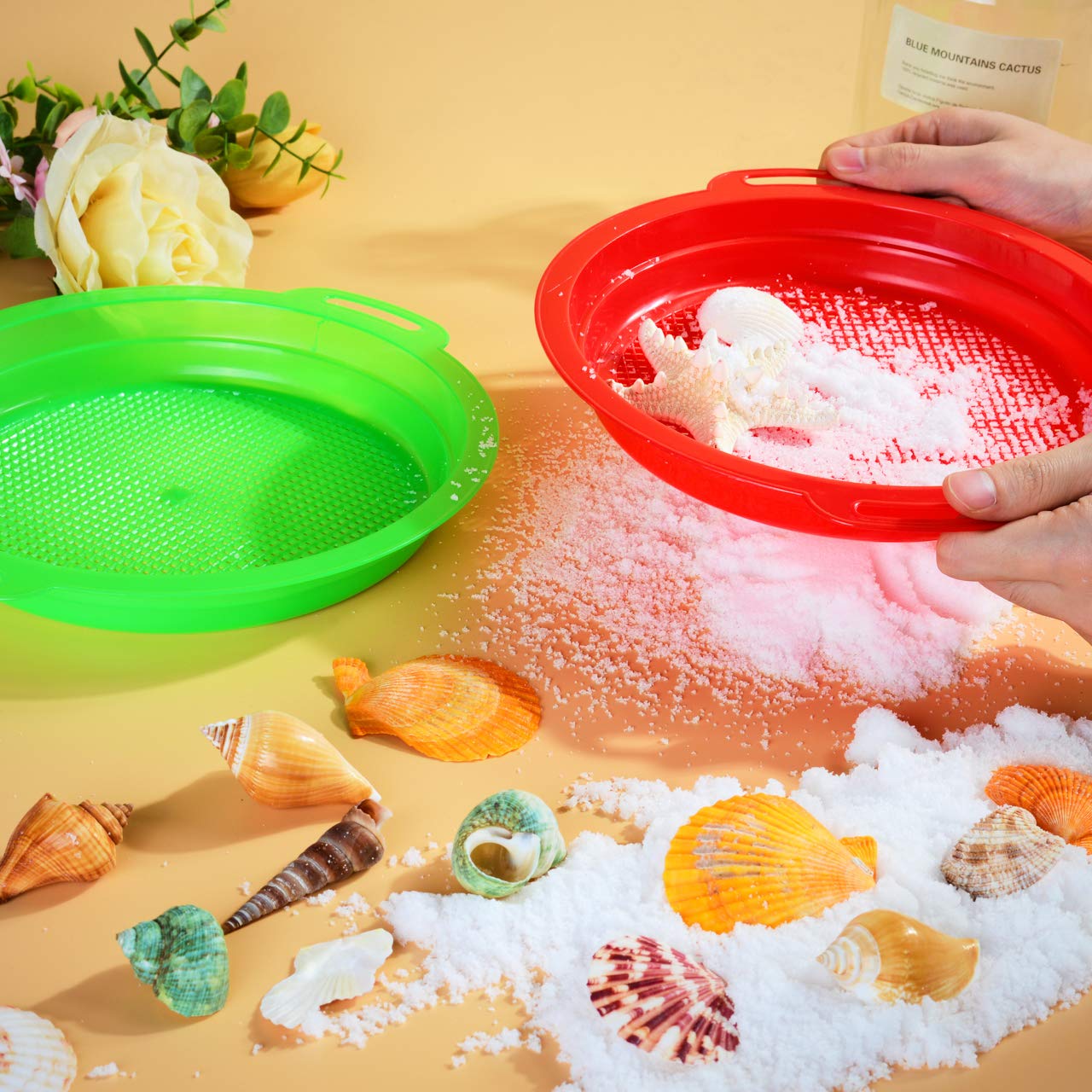 QINGLER Sand Sifters Sieve for The Beach Sand Toys (Red, Blue, Yellow & Green) Complete Gift Set Bundle-4Pack(8.75x 9.75in)