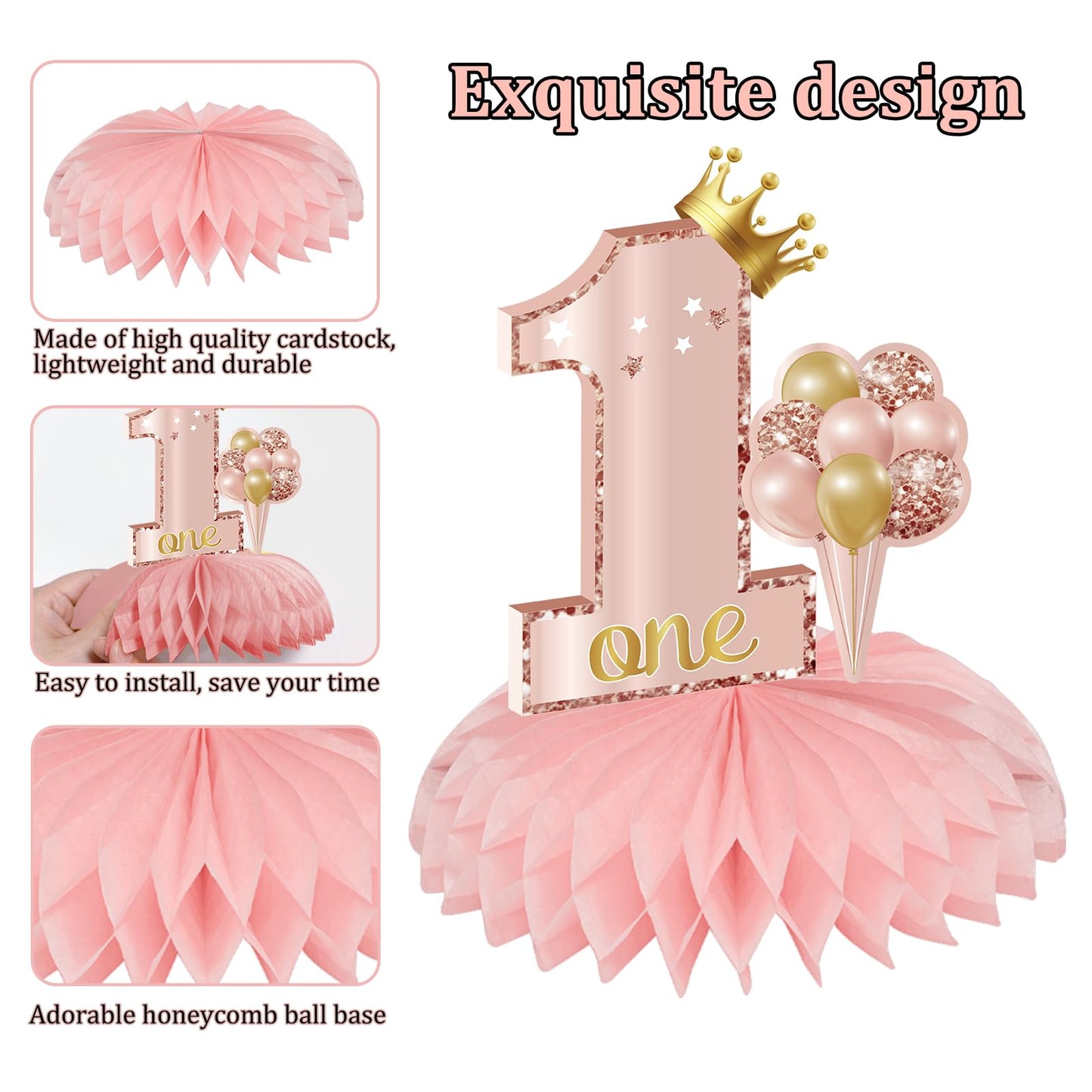 Turypaty 10Pcs 1St Birthday Decorations Honeycomb Centerpieces For Baby Girls, Pink Rose Gold Miss Onederful First Birthday Tabl