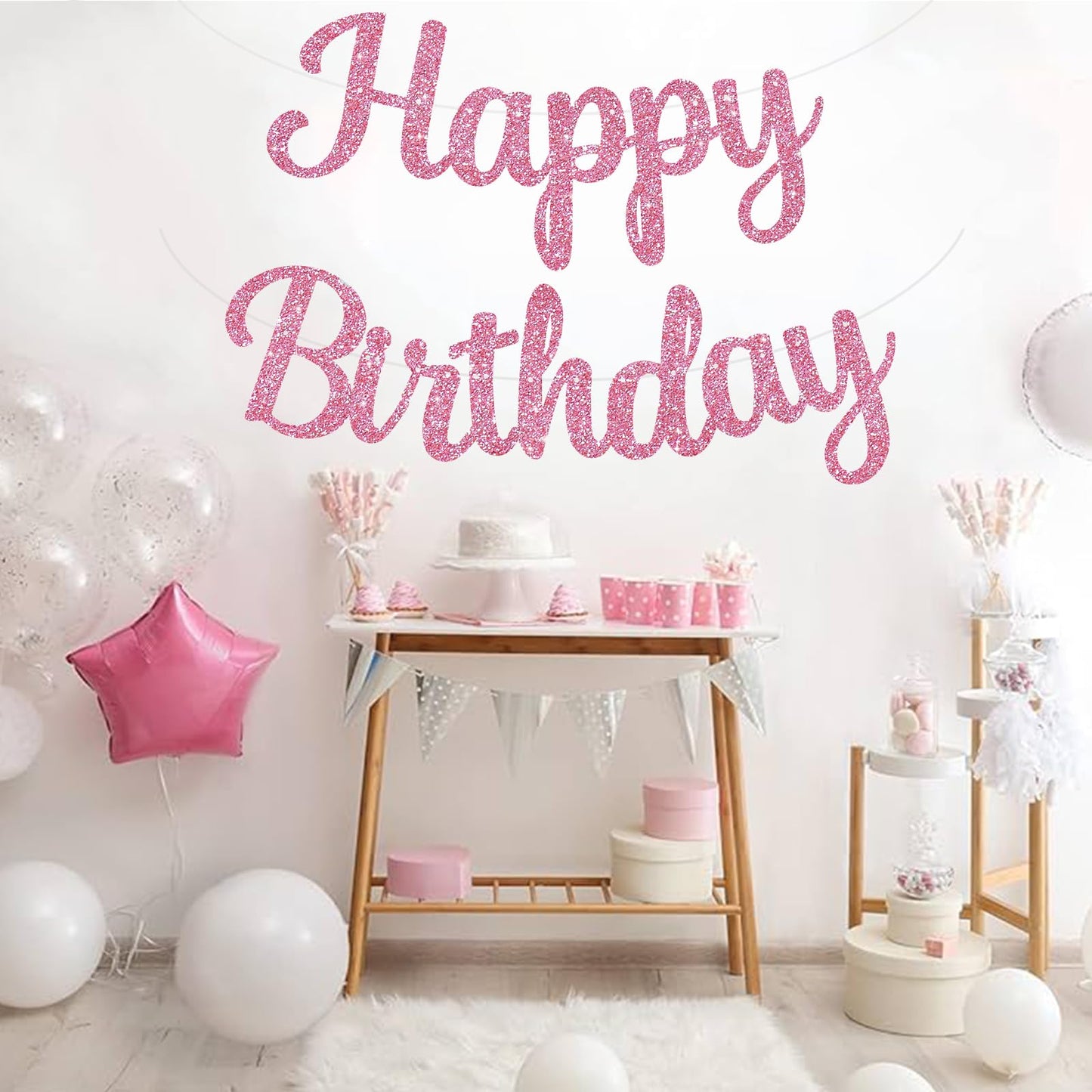 Beishida Pink Happy Birthday Banner - No Diy,10Feet,Pre-Strung-Glitter Happy Birthday Sign, Happy Birthday Garland,Happy Birthda
