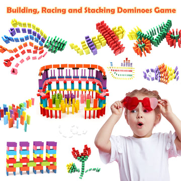 WOOD CITY 1000 Piece Wooden Dominoes Set for Kids - Colorful Stacking Blocks with Storage Bag - Educational Toy