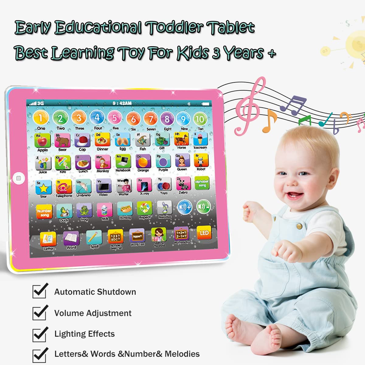 Wenbeier Kids Tablet Learning Pad Toddler Tablet With Abc Word Song Music Number Electronic Interactive Toy For Educational Preschool Boys & Girls 3 4 5 Years Old