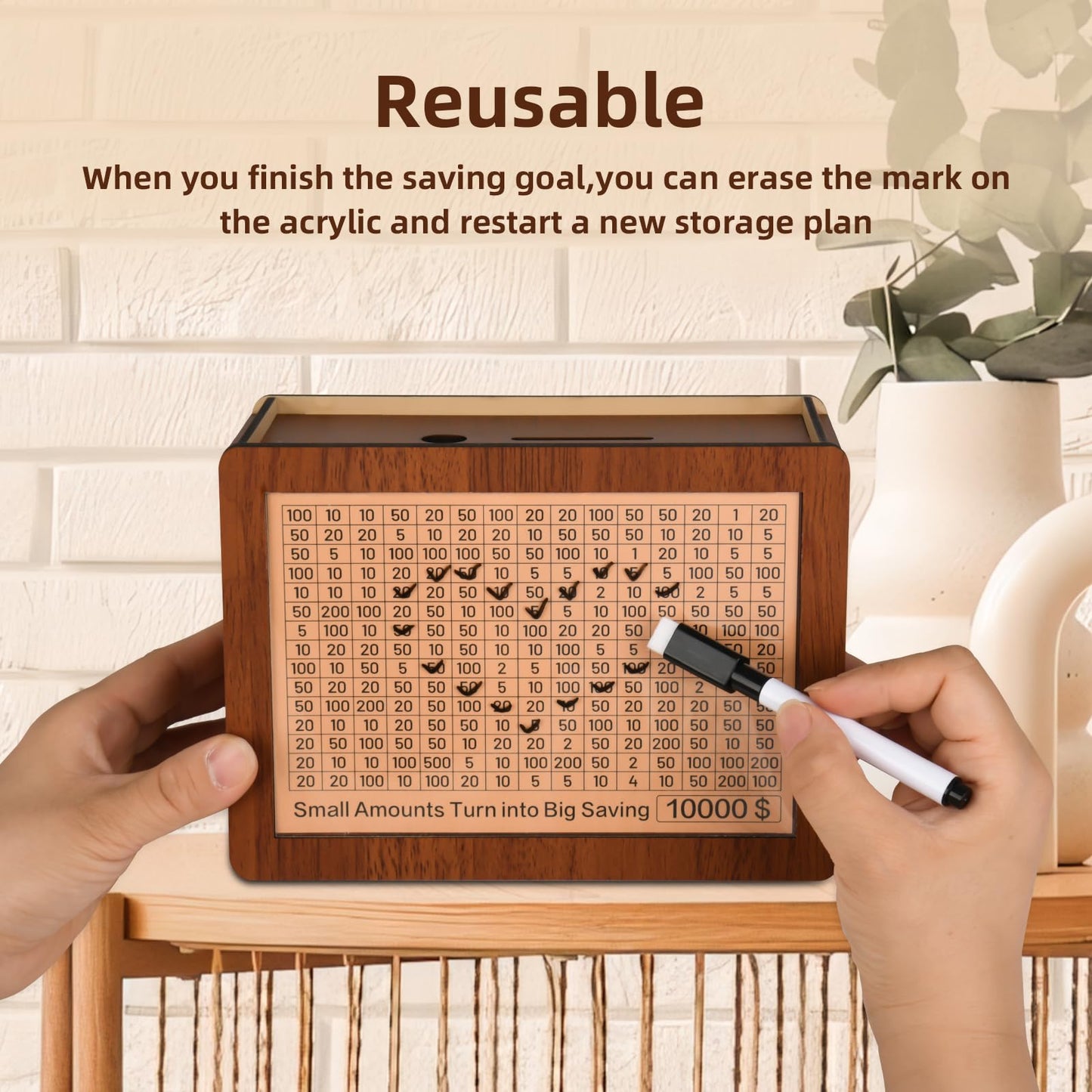 10000 Kakeibo Wooden Money Saving Challenge Box Cash Vault Piggy Bank For Adults Kids Savings Goals Smash Box Saver For Boys And