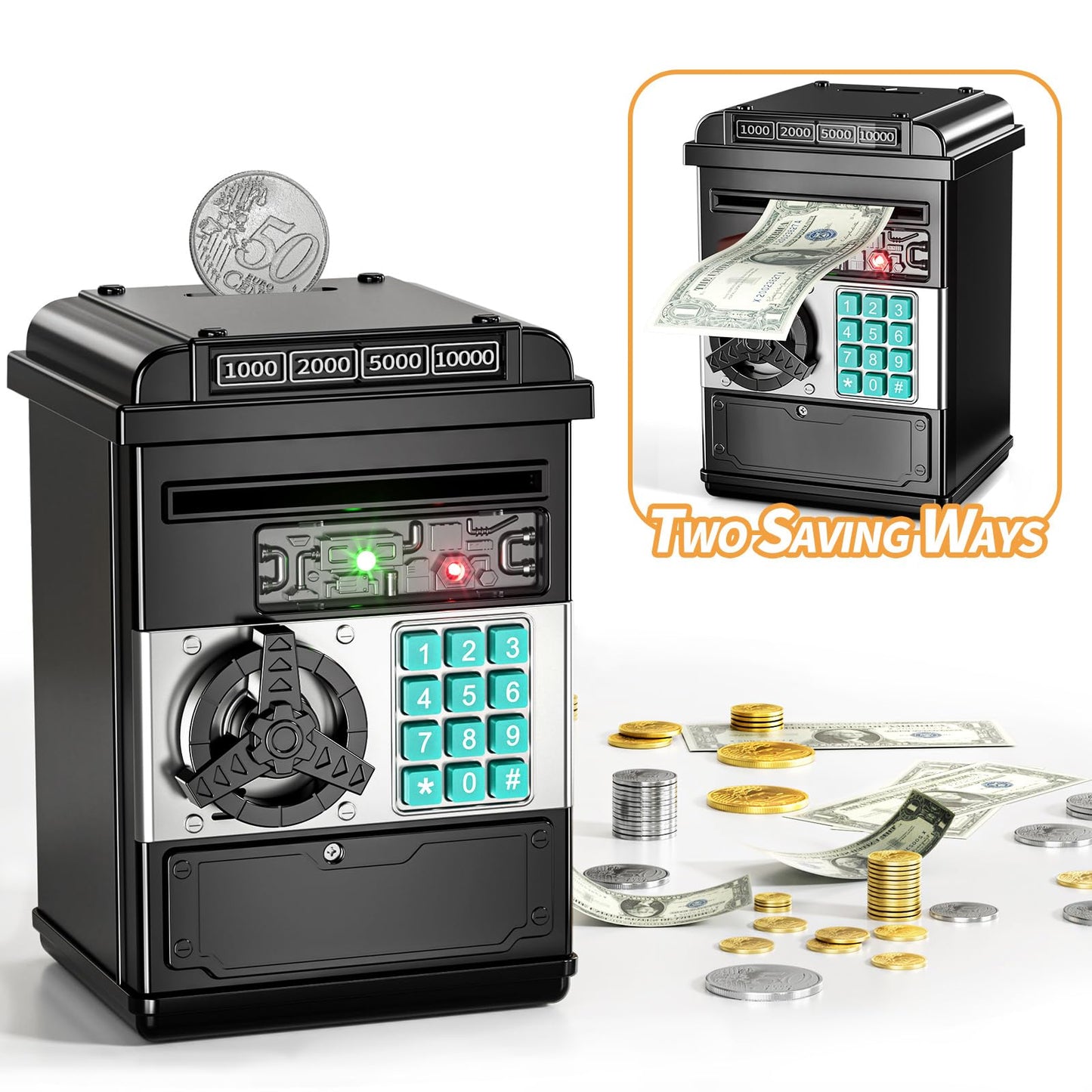 Temi Piggy Bank For Kids, Electronic Coin Money Bank For 3 4 5 6 7 8 9 10 Year Old Boys Girls Gifts, Cash Coin Can Atm Bank For Kids 5-7, Christmas Birthday Gifts (Black)