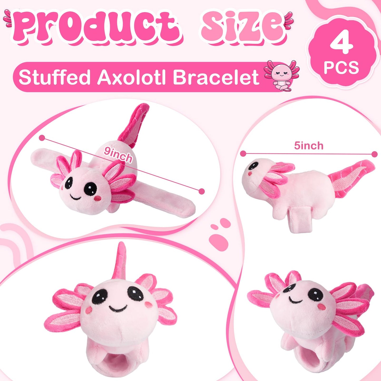 Deekin 4 Pcs 9 Inch Stuffed Axolotl Slap Bracelets Plush Axolotl Slap Band Cute Snap Bracelet Jungle Themed Axolotl Huggers For