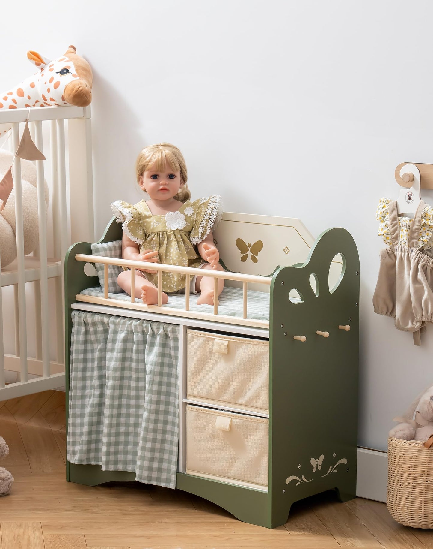 Robotime Baby Doll Crib, Wooden Doll Bed, Toy Baby Crib With Storage, Bedding, And Wooden Hooks, Doll Crib Fits Dolls Up To 22’’, Doll Furniture For American Girls Ages 3+ (Green)