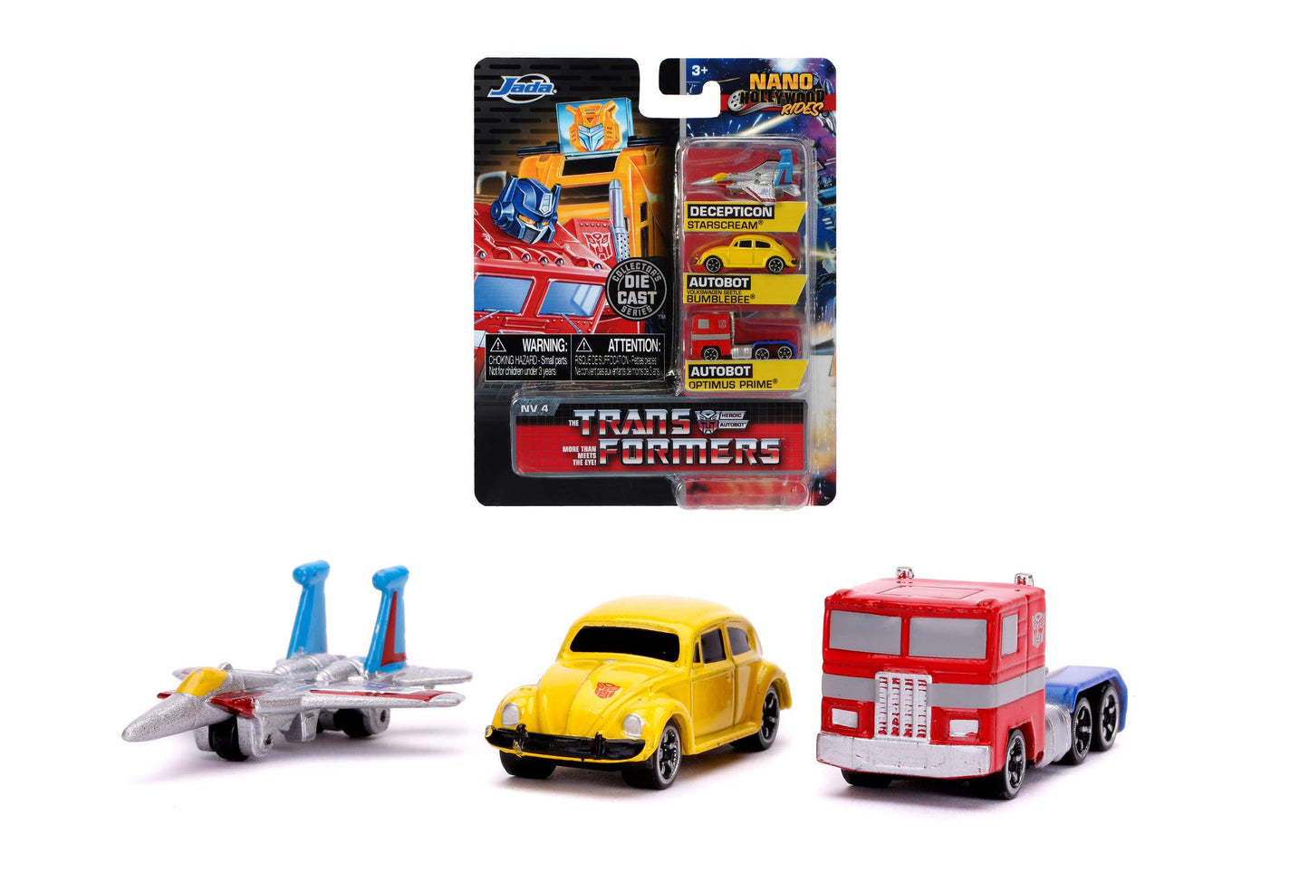 Jada Toys 253111005 Transformers Set Of 3 Nano Die-Cast Optimus Prime, Starscream, G1 Bumblebee Vw Beetle Toy Cars Set 4 Cm From