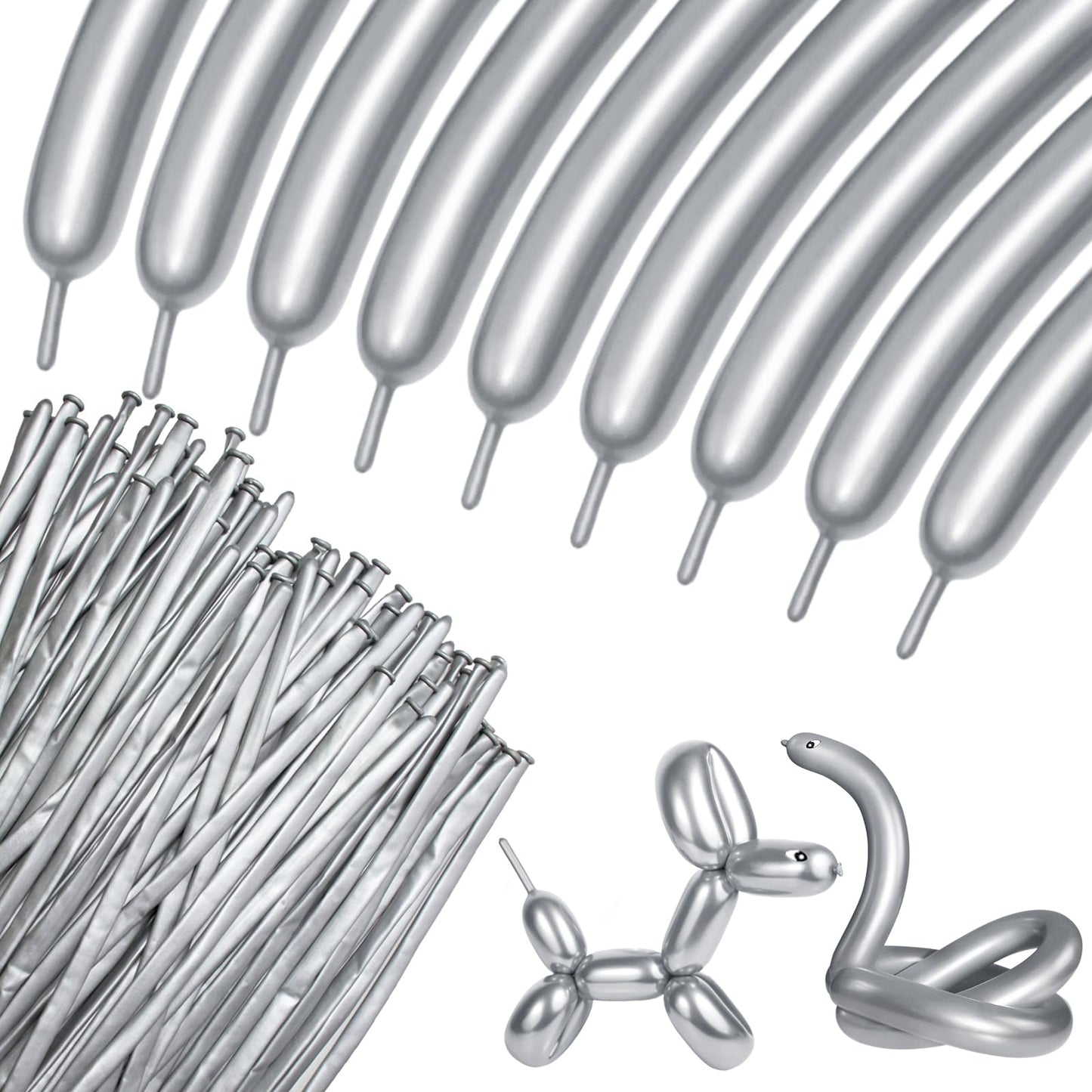 100Pcs 260 Balloons Metallic Silver Long Balloons For Balloon Animals, Silver Skinny Latex Twisting Balloon For Animals Modeling