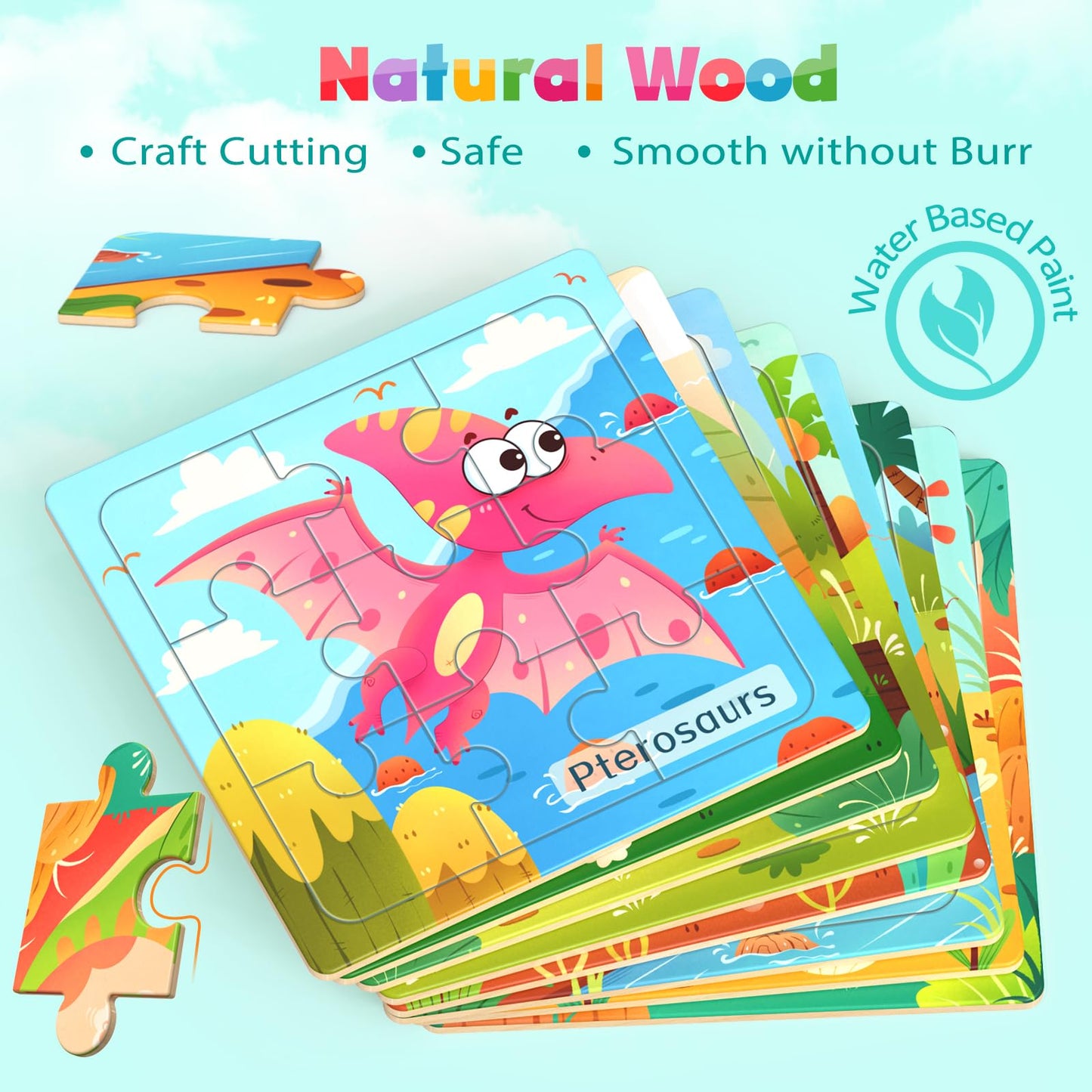 Zeoddler Wooden Puzzles For Toddlers, 8 Pack Dinosaur Jigsaw Puzzles For Kids3-5, 9 Pieces Preschool Learning Activities, Learning & Educational Puzzles, Gift For Boys, Girls