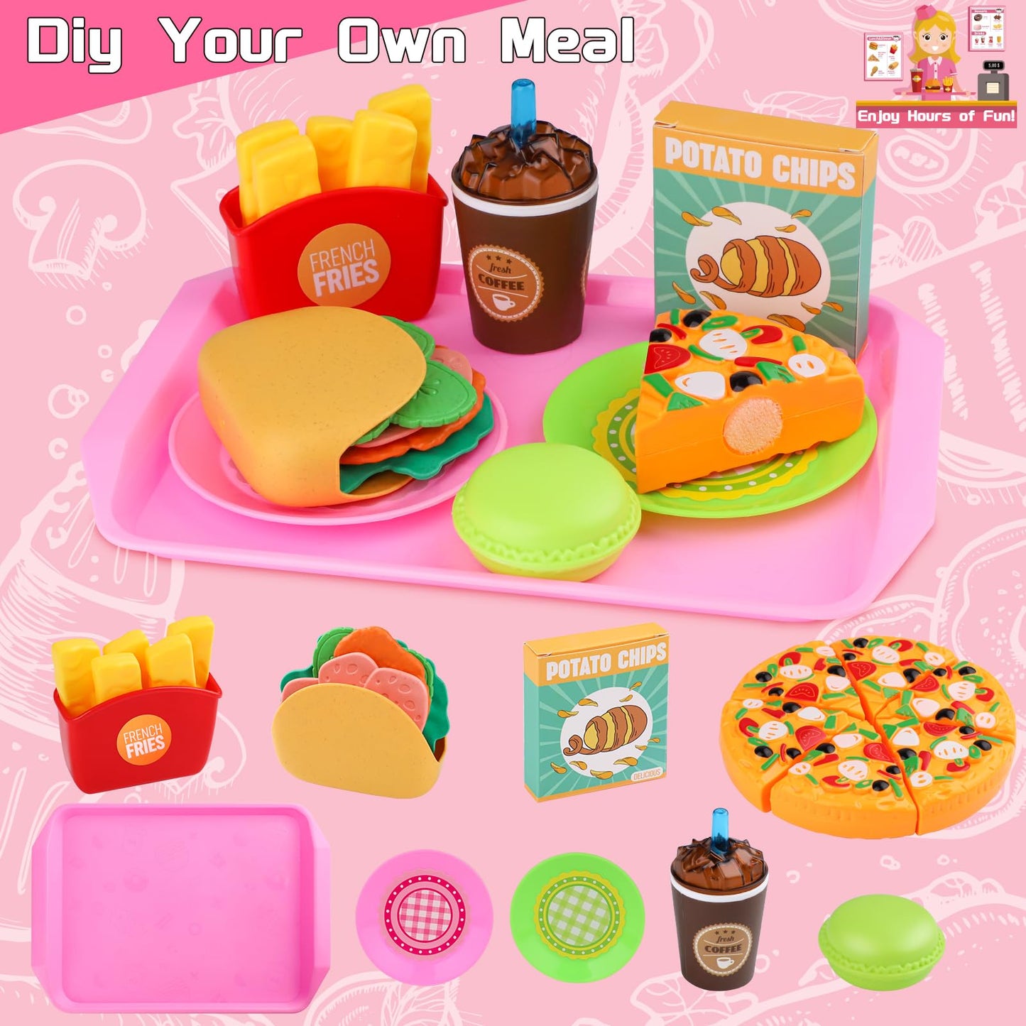 Restaurant Playsets For Kids - Waitress Role Play Costume Set For Girls, 60 Pieces Food Playset With Girls Apron, Diner Playset For Kids, Play Restaurant, Pretend Restaurant Playset For Kids Age 3+
