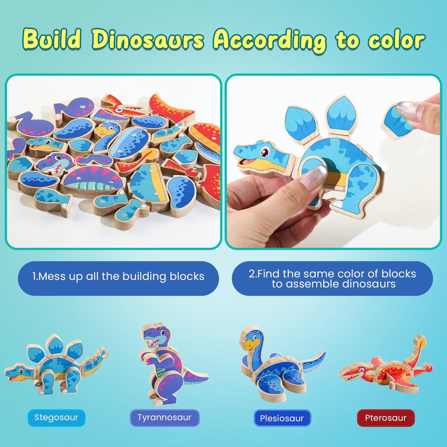 Jugueteland Magnetic Dinosaur Building Blocks, Wooden Dino Snap Blocks, Stem Take Apart Dinosaurs Playset, Montessori Fine Motor