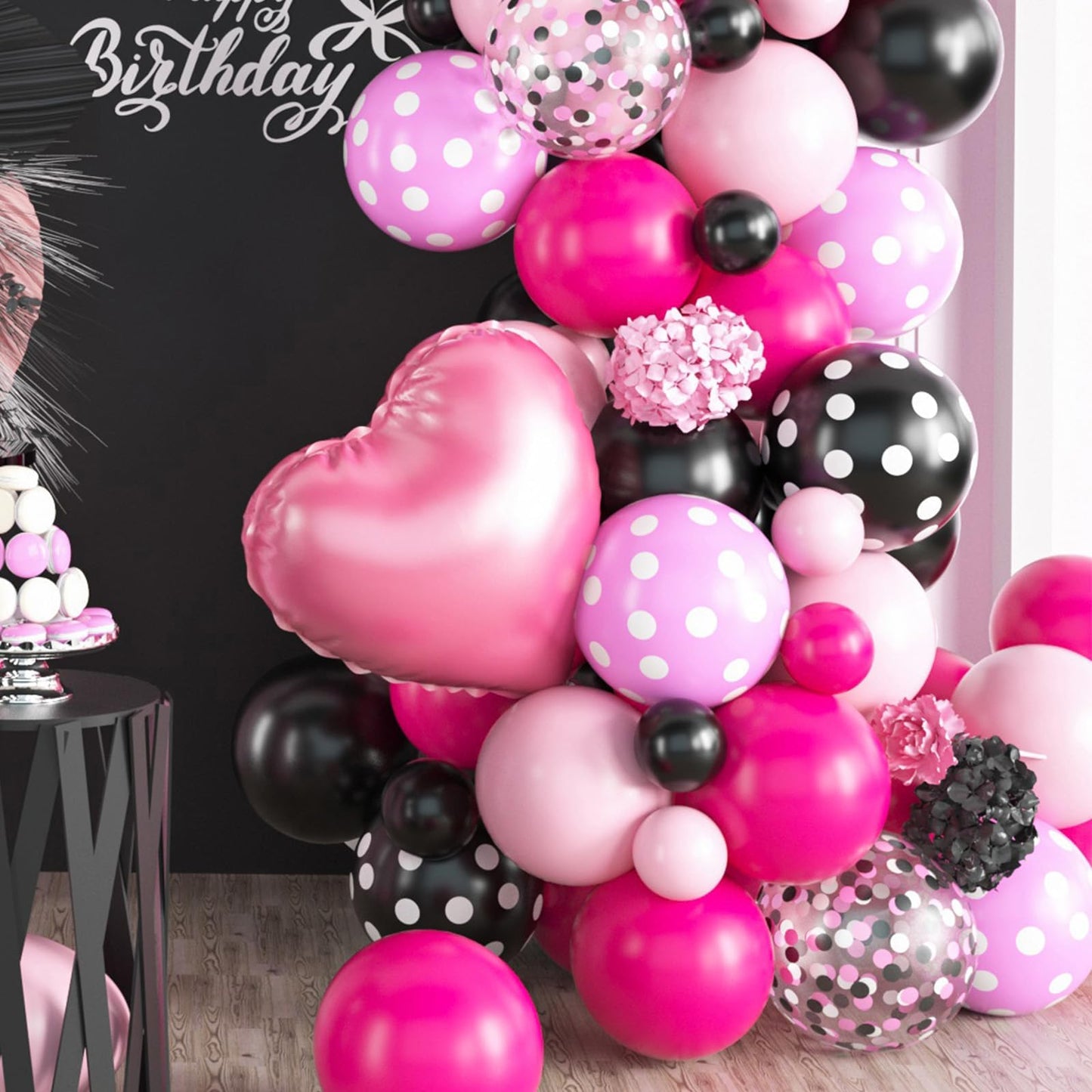 Pink Black Balloon Arch Kit, Mini Mouse Balloon Arch Kit, Pink And Black Polka Dot Balloons Mini Mouse Theme Party Decorations,