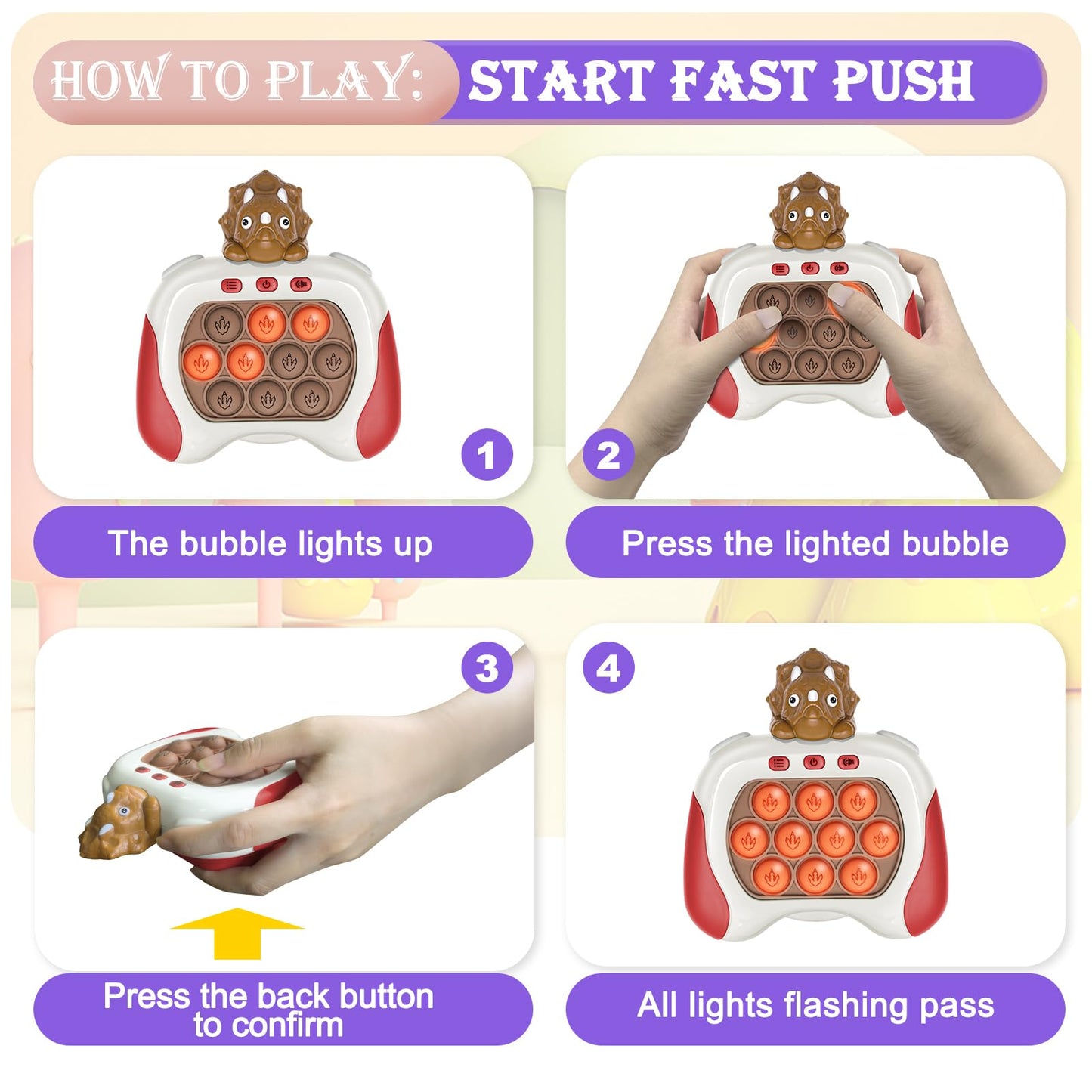 2 Pack Fast Push Pop Game Light Up Dinosaur Fidget Toy For Kids Ages 3-12 Quick Push Bubble Pop Puzzle Games Handheld Pocket Gam