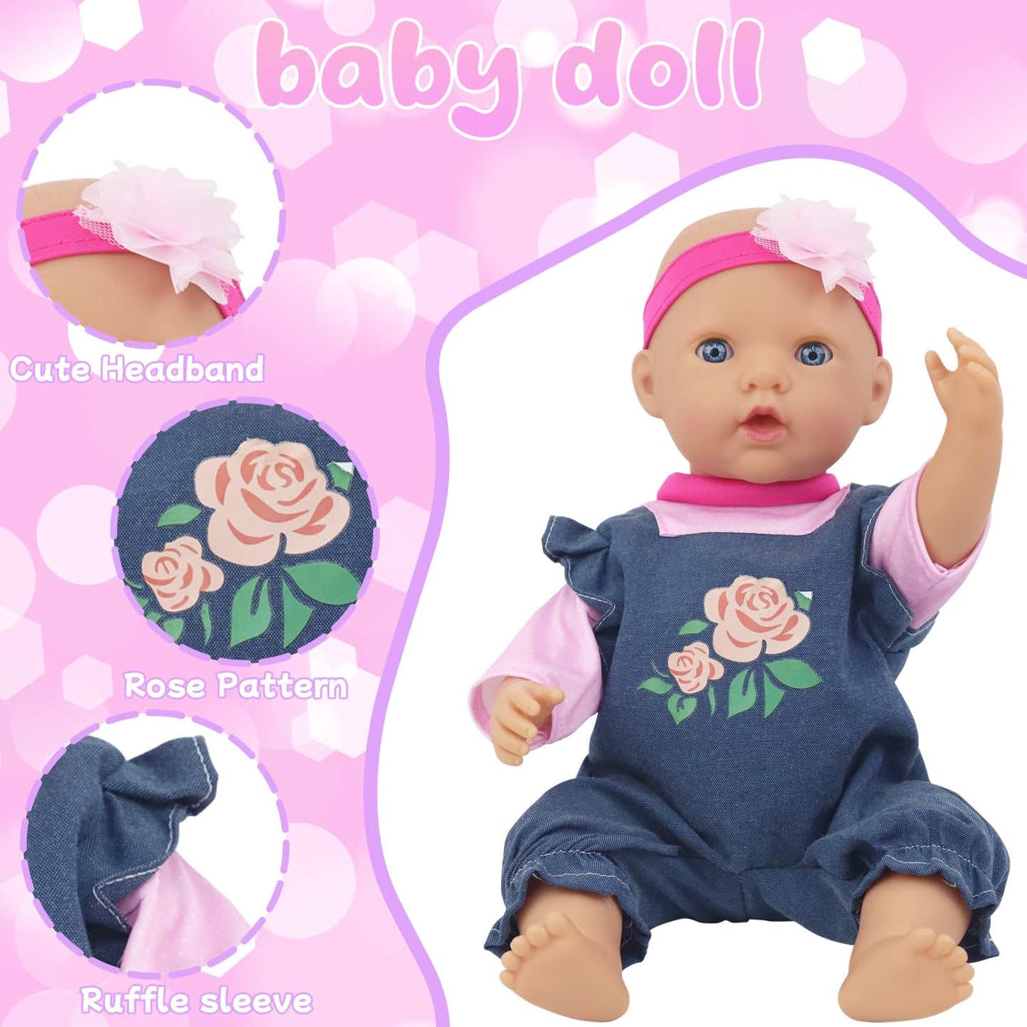 Ecorelf Baby Doll Backpack For 16-18 Inch Dolls ,Baby Doll Playset Included Baby Doll Diaper Carrier Bag,Doll Clothes Sets,Headb