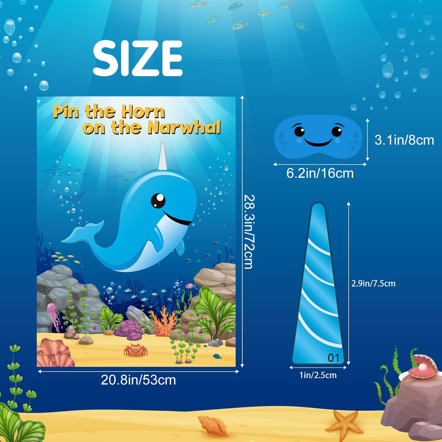 Neburora 2 Pack Pin The Horn On The Narwhal Party Game 2 Large 21''X 28'' Posters With 48Pcs Stickers Ocean-Themed Birthday Part