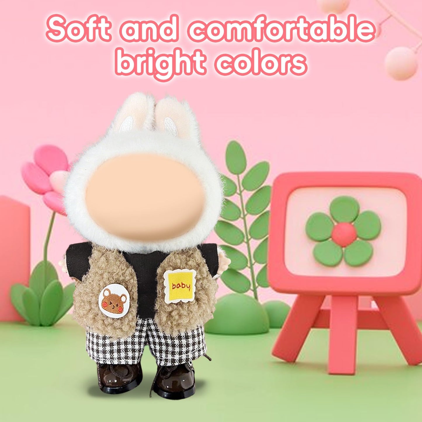 17cm Doll Clothes Labubu Clothes for 6.7inch(17cm) Dolls enhanced Doll Outfit with Hat and Accessories(Clothes Only) (Black Brown White)