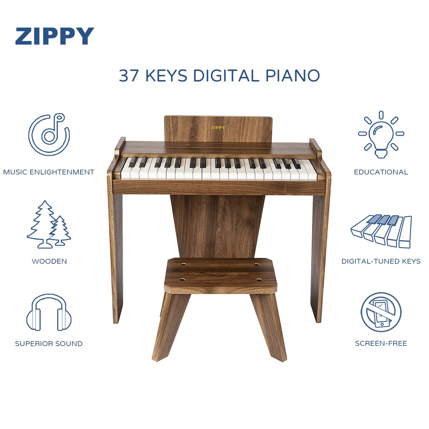 Zippy Kids Piano Keyboard, 37 Keys Digital Piano For Kids, Music Educational Instrument Toy, Wood Piano For 3+ Girls And Boys, W