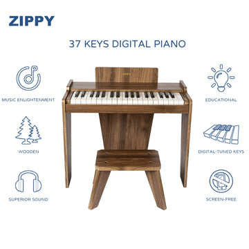 ZIPPY Kids Piano Keyboard, 37 Keys Digital Piano, Wood Instrument Toy for 3+, Walnut Basic, Model SLW99802A
