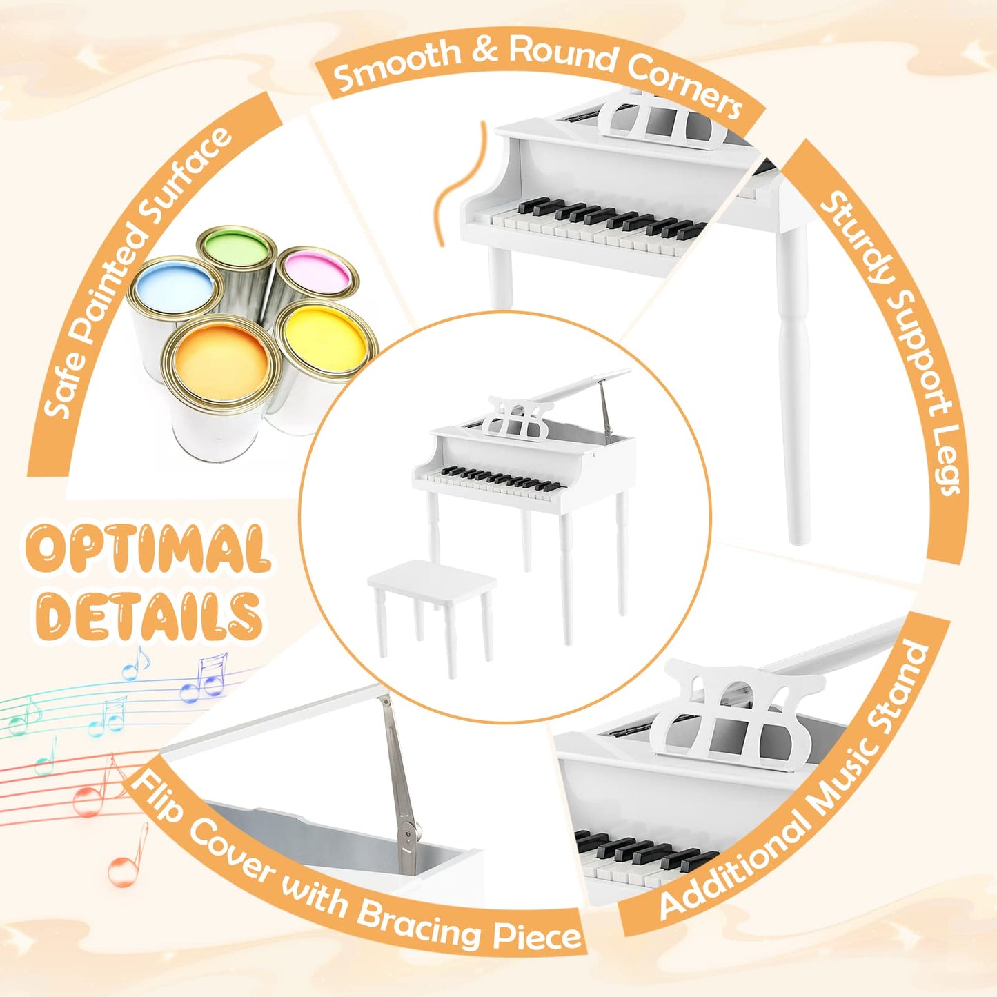 Goplus 30-Key Classical Kids Piano, Mini Grand Piano Wooden Learn-To-Play Musical Instrument Toy With Bench, Piano Lid, Music Rack, Gift For Boys Girls Aged 2+ Baby Tollder(4 Straight Leg-White)