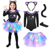 GIFTINBOX Cat Costume for Girls Light Up Black Cat Costume Halloween Animal Dress Up Costumes for Kids Age 3-9