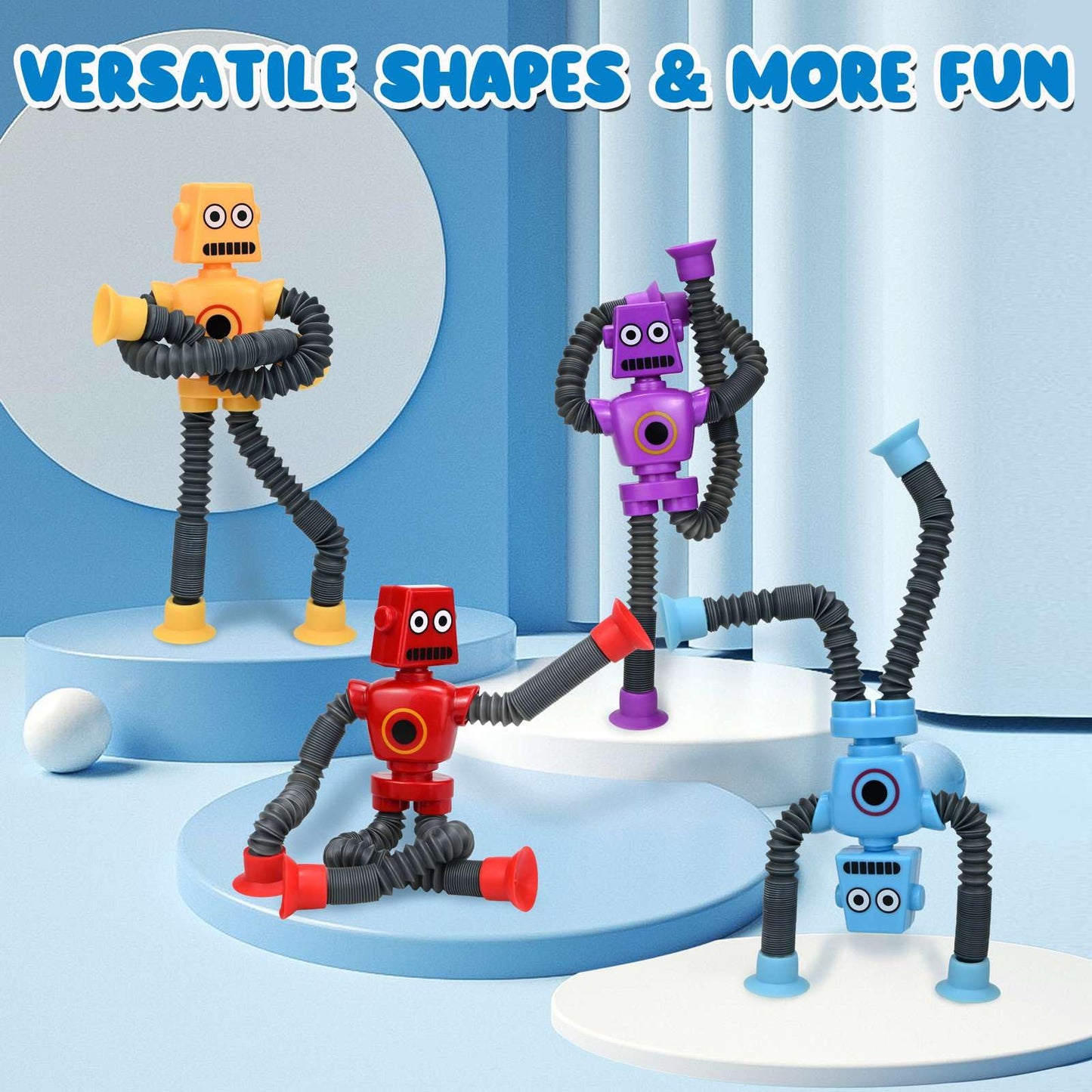 Pop Tubes Robot Fidget Toys (4 Pack), Telescopic Suction Cup Robotics Toy, Toddler Fine Motor Skills And Creative Learning, Auti
