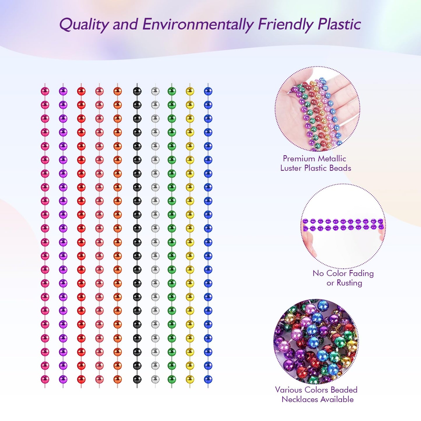 ZYFLSQ 100 Pcs Mardi Gras Beads Necklaces Bulk, 33'' 7mm Multi Colors Metallic Beaded Necklaces for Party Costume Necklaces