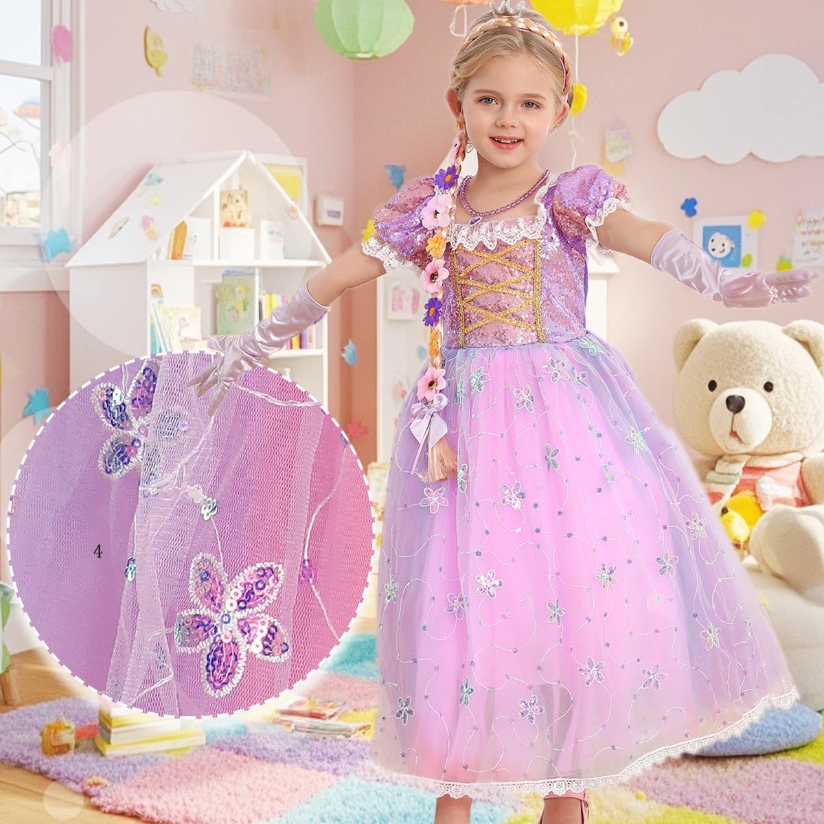 Itvti Princess Rapunzel Costume Little Girls Dress Up For Birthday Party Halloween Carnival, 3-4 Years(Tag 110)