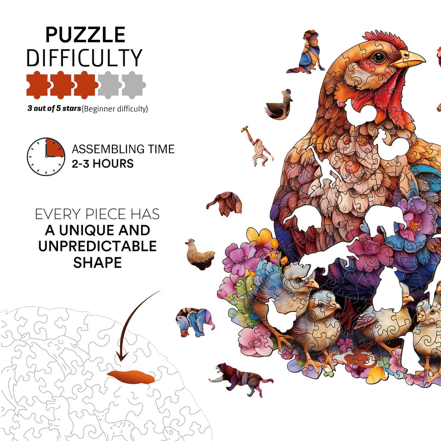 Jigfoxy Wooden Puzzle For Adults, Hen And Chicks Wooden Jigsaw Puzzles For Adults, Unique Animal Shape Wood Cut Puzzles For Family Friend Puzzle Lovers(M-10.6 * 11.4In-180Pcs)