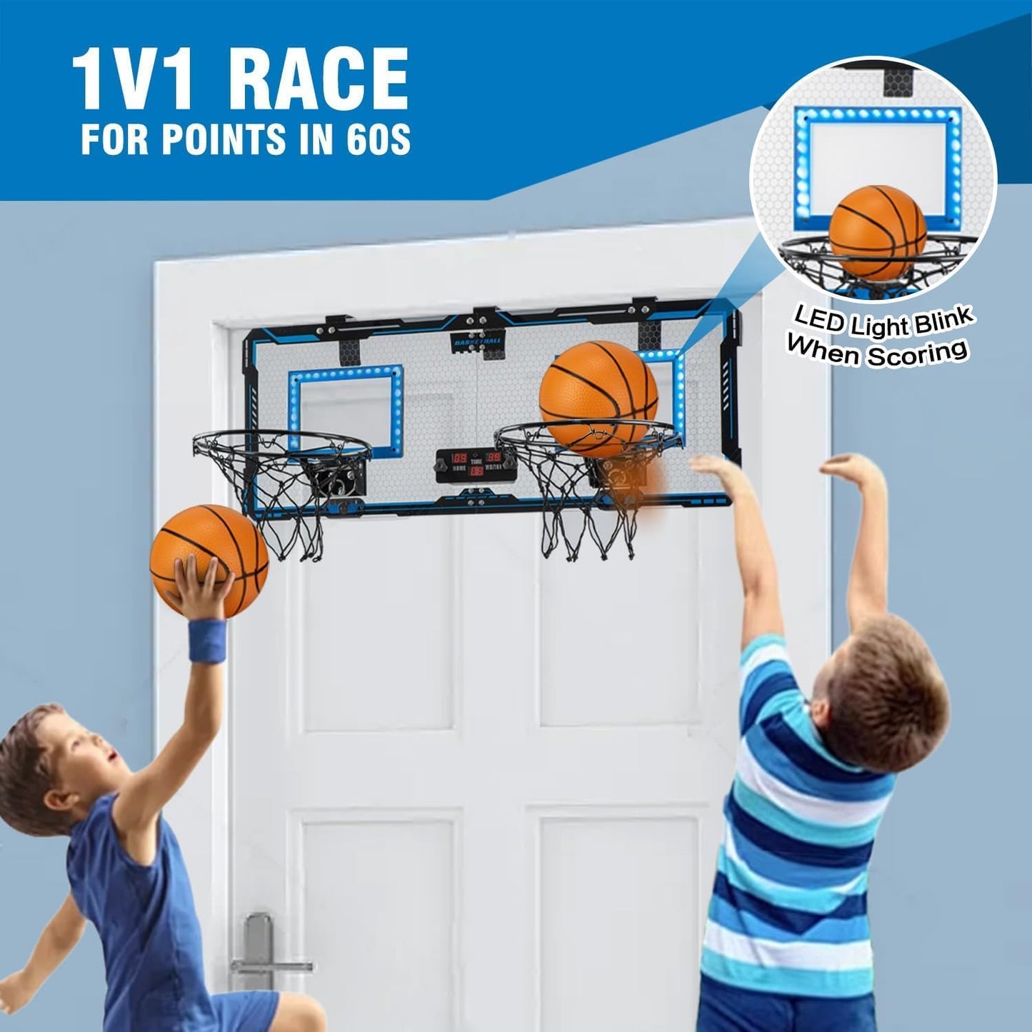 Vrogtik Indoor Double Shot Basketball Hoop - Over The Door With Led Light, Electronic Scoreboard, 4 Balls - Wall Mount Toy Mini