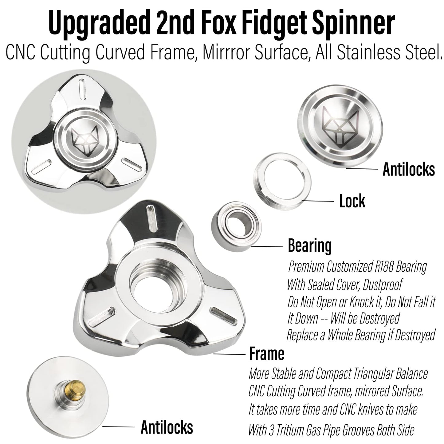 Freelove Metal Fidget Spinner, Stainless Steel Heavy, Long Spinning Toys, Cool Silent, Small Mini 2Nd Fox Figette Spiner For Adu