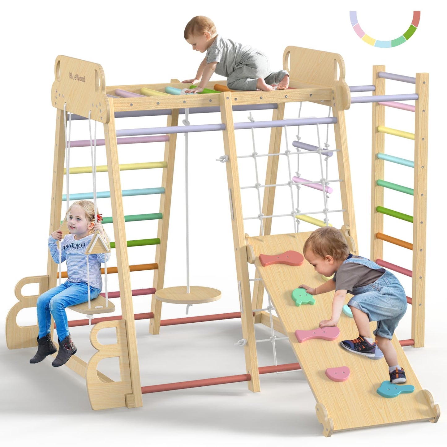 Upgraded Indoor Playground 9-In-1 Jungle Gym Kids Climbing Toys, Montessori Waldorf Style Wooden Climber Playset With Slide, Swi