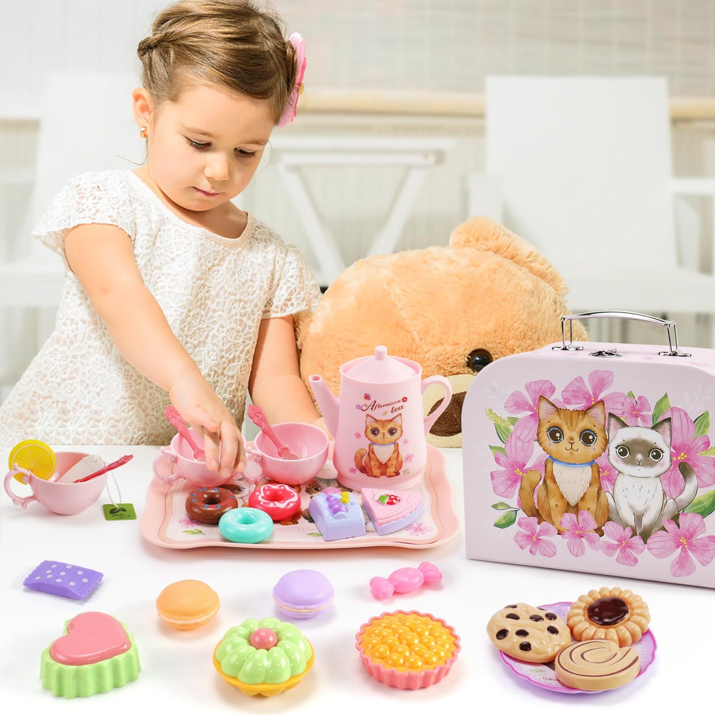 Motiloo 46pcs Cat Tea Party Set for Little Girls,Pretend Play Tea Set for Toddlers 3-8,Includes Plastics Tea Set, Desserts, and