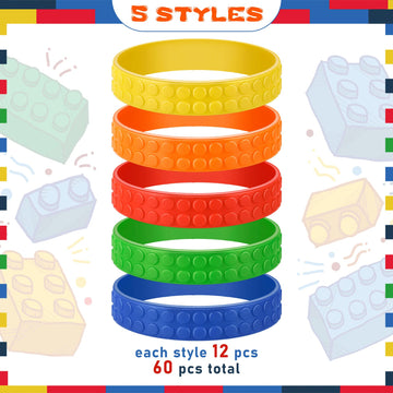 Civaner 60 Pieces Silicone Building Block Bracelets Rubber Bracelets Wristbands Colorful Birthday Party Favors for Goodie Bag Fi