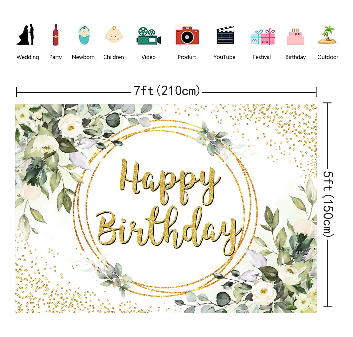 Green Happy Birthday Backdrop Greenery Succulent and Gold Eucalyptus Green Leaves Photography Background Jungle Boys Girl Women