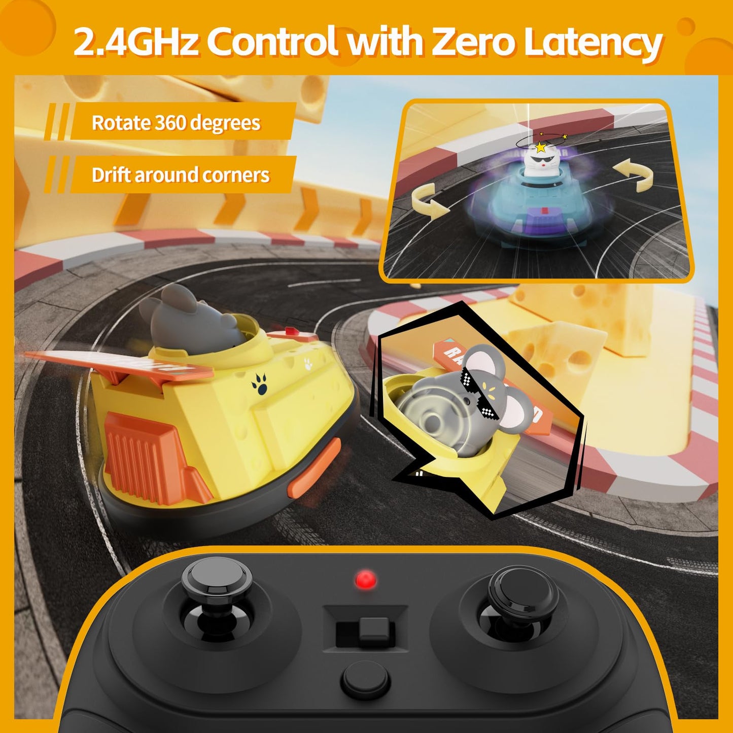 deependo 2 Pack Remote Control Car, RC Ejecting Bumper Car for Kids, Cat and Rat War Cheese Bumper Car, Car Toys for Ages 5-7, C