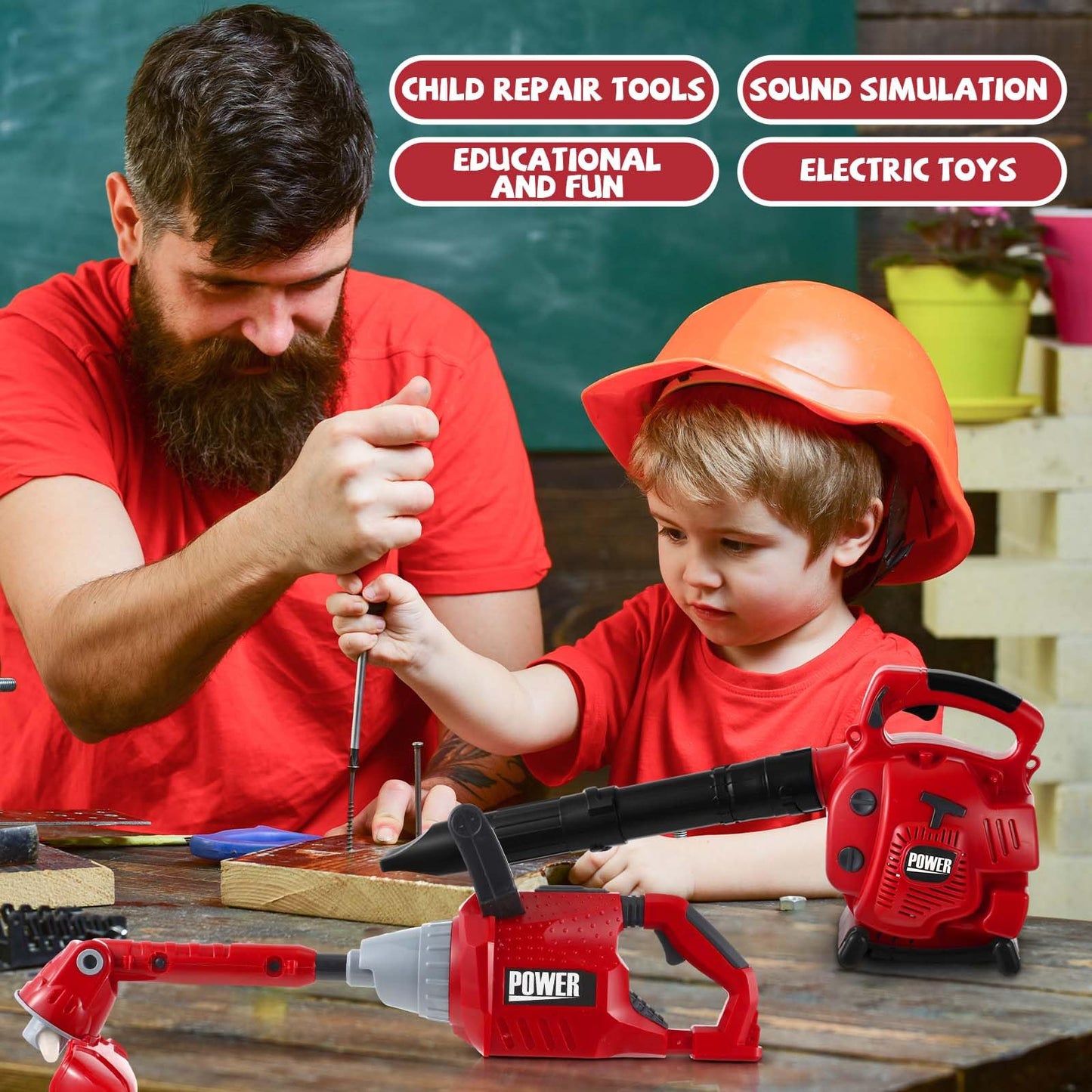 Arrowbash 2 Pcs Toy Gardening Tool Set for Kids Toy Leaf Blower Lawn Trimmer Chainsaw Battery Powered Gardening Tool Set with Lights and Sounds Gift for Boys Girls (Classic Style)